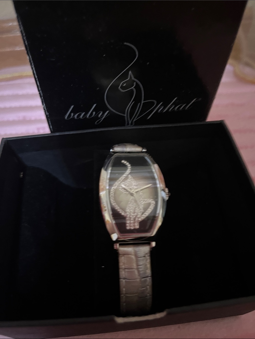 Baby Phat Silver-Tone Case Watch with Taupe Croc Strap